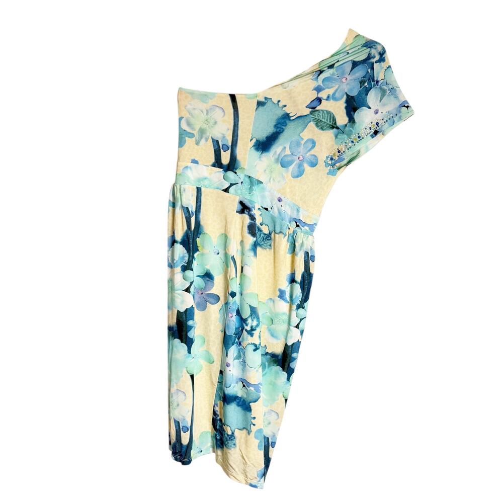 Blugurl Blumarine Cream Blue Floral One Shoulder Knee Length Dress Small